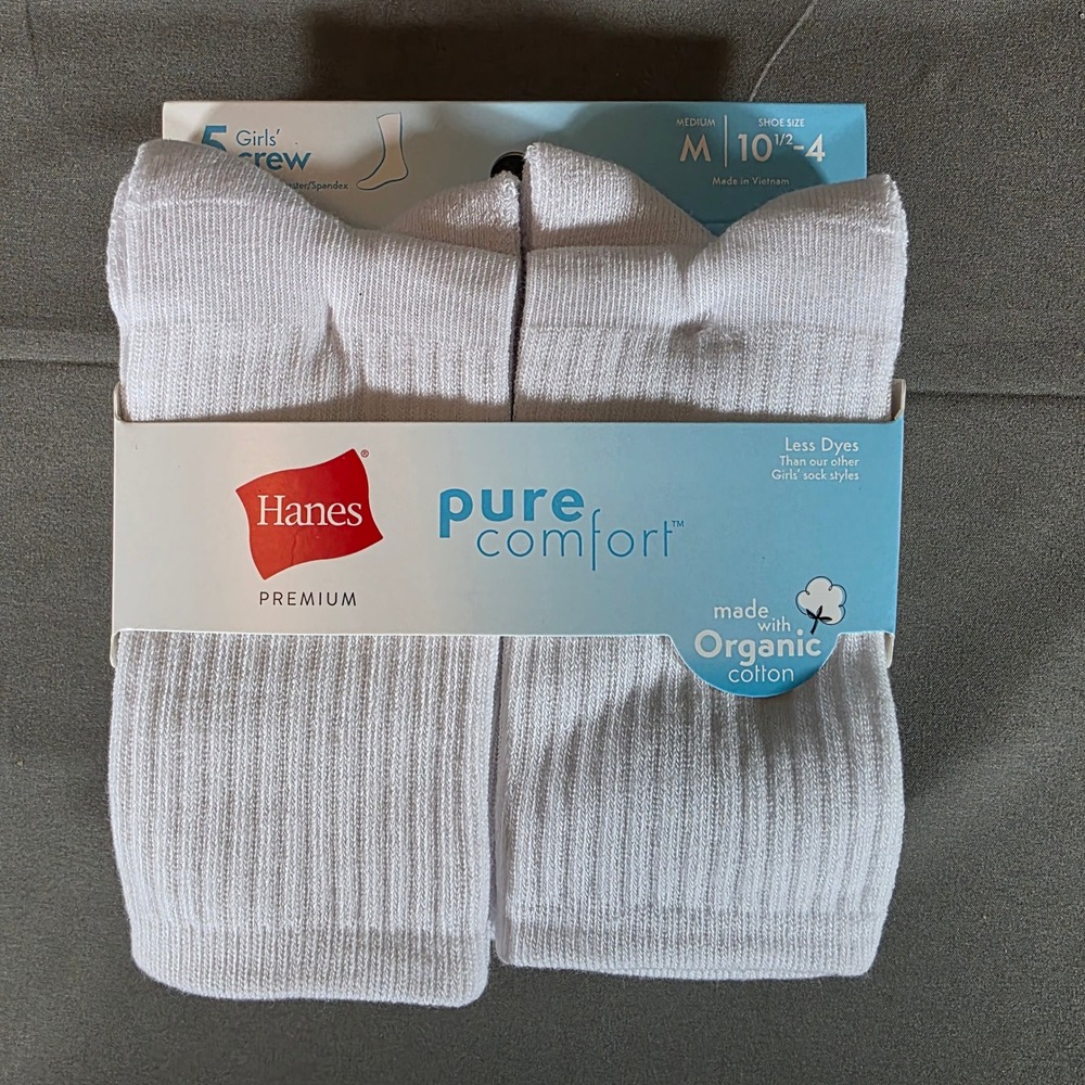 Hanes Premium Pure Comfort Girls Crew Socks 5 Pair White Organic Cotton Size M